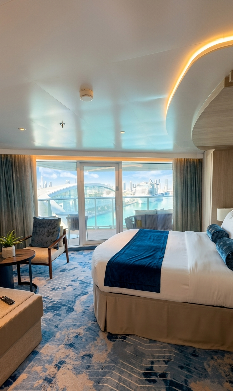 Modern Royal Caribbean Sea Class Junior Suite featuring a curved king-sized bed, decorative blue carpet, and floor-to-ceiling windows.