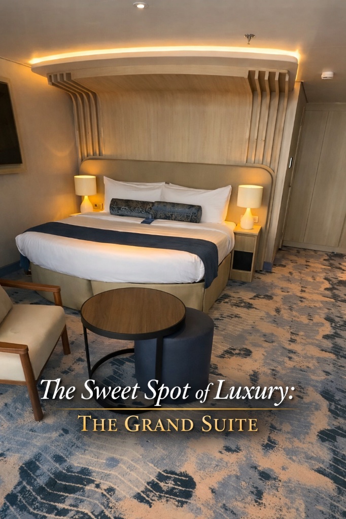 Royal Caribbean Grand Suite interior featuring a spacious living area, blue velvet armchairs, and Sky Class branding for Journeyvibe.