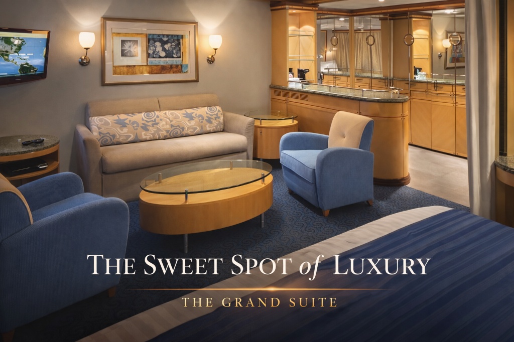 Royal Caribbean Grand Suite interior featuring a spacious living area, blue velvet armchairs, and Sky Class branding for Journeyvibe.