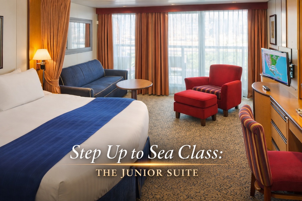 Junior Suite Sea Class bedroom with a dedicated sitting area and warm wood finishes, curated by Journeyvibe travel consultancy.