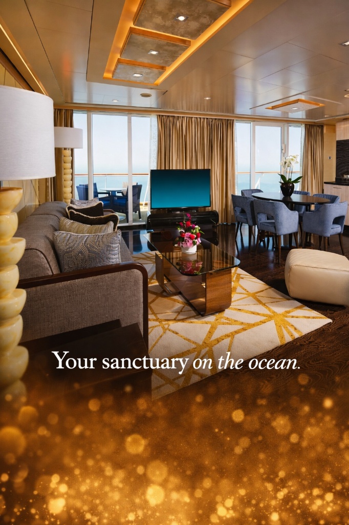 Elegant living room of a luxury cruise ship suite featuring gold-accented decor, floor-to-ceiling windows with ocean views, and a private balcony.