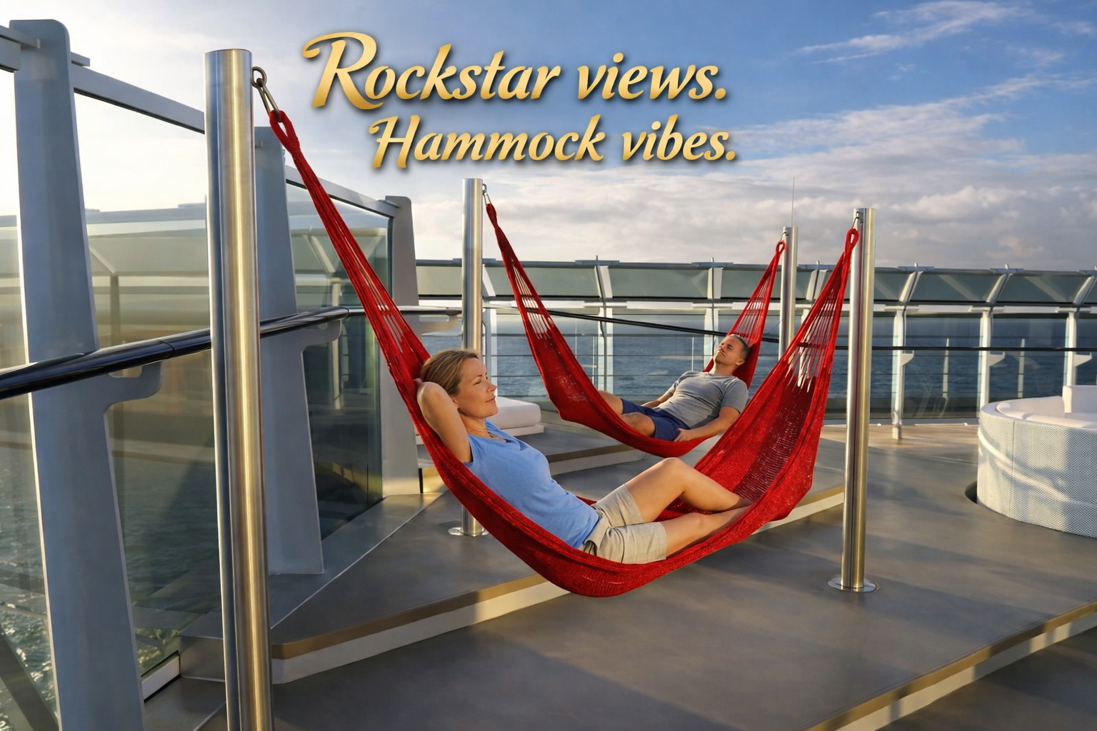 Two people relaxing in signature red hammocks on the private terrace of a Virgin Voyages Massive Suite.