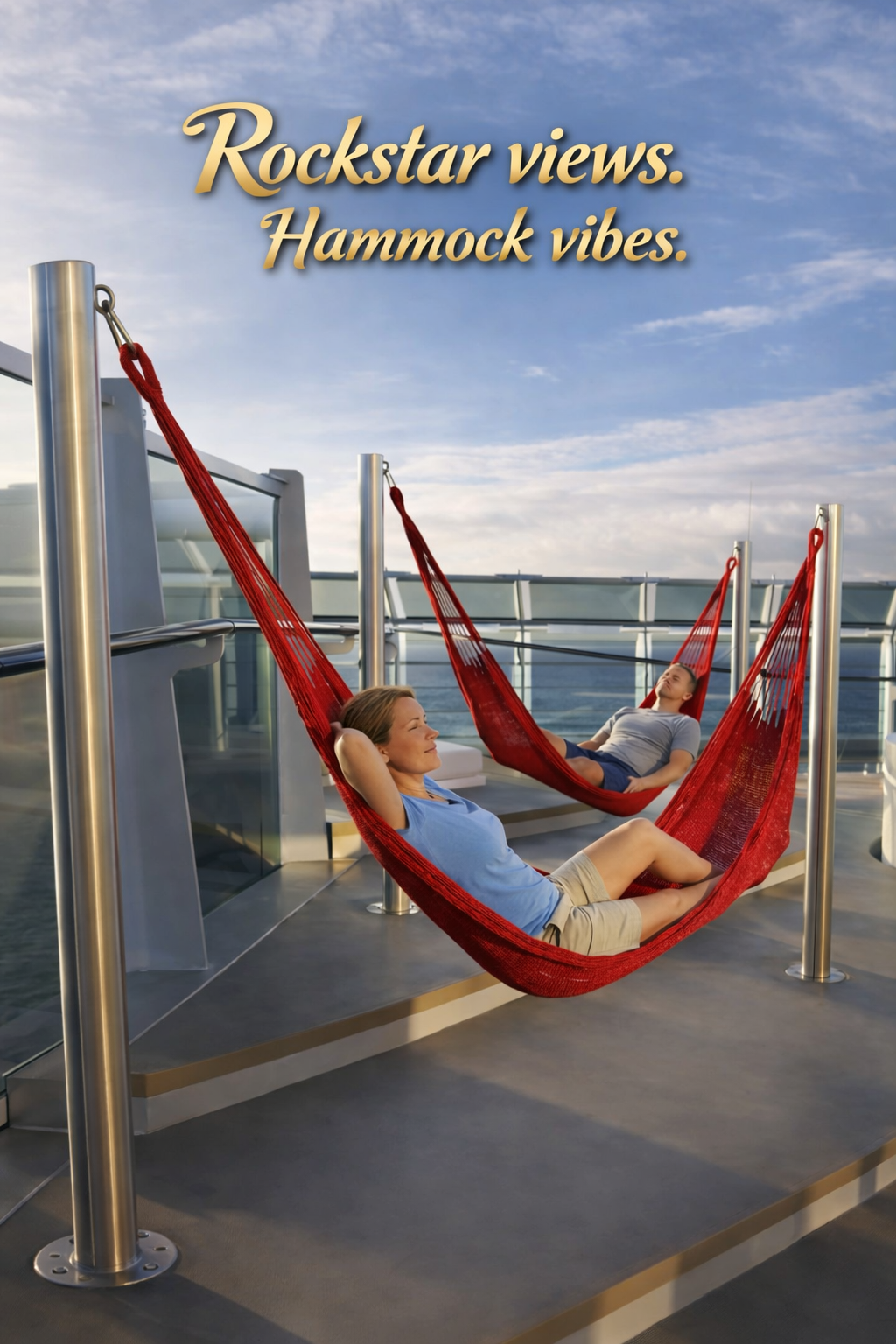 Two people relaxing in signature red hammocks on the private terrace of a Virgin Voyages Massive Suite.